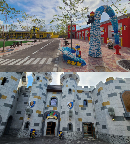 춘천 레고랜드 시티 구역(위쪽)과 캐슬 구역(아래쪽). <김아름 기자>